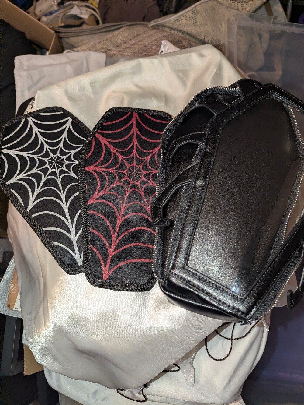 Black Coffin-Shaped Crossbody Bag with Removable Spiderweb Panels